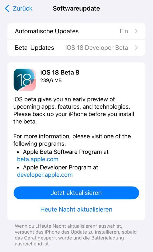 正蓝苹果手机维修分享苹果 iOS / iPadOS 18 开发者预览版 Beta 8 发布 